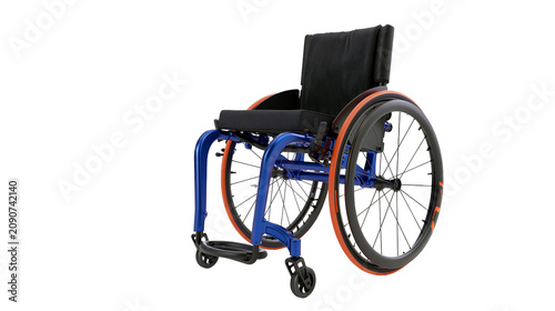 Blue lightweight sports wheelchair with black seat and orange wheels, isolated on transparent background