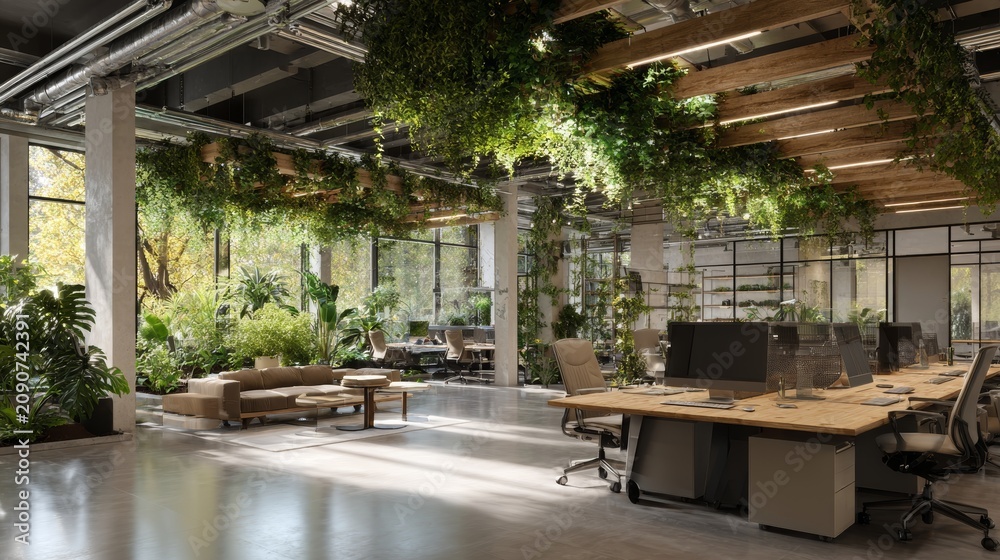 Fototapeta premium Modern Office Interior with Lush Greenery and Biophilic Design Elements.
