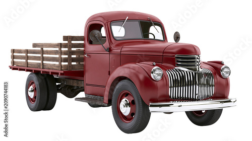 фотографія Vintage red flatbed truck with wooden cargo bed, isolated on transparent backgro