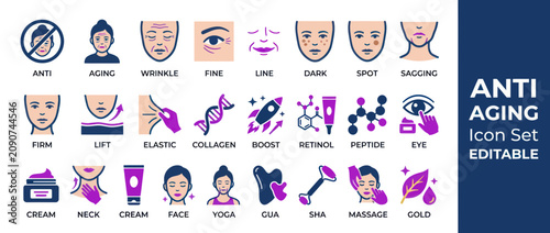 фотографія Anti Aging Skincare Icons Set: Wrinkles, Firmness, Collagen, Retinol, Peptide, M