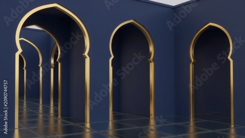 Minimalist 3D Render of Navy Blue Islamic Arches with Gold Trim and Reflective Floor