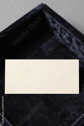 Blank Cream Rectangular Card Mockup Inside Elegant Dark Navy Velvet Lined Gift Box