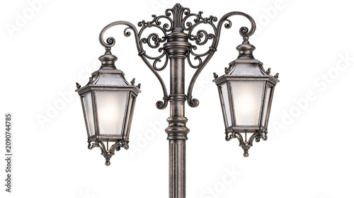 Obraz na plátně Ornate double gas lamp post with decorative scrollwork, isolated on transparent