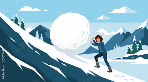 Tired businesswoman pushing a giant snowball up a steep snowy mountain, vivid flat vector metaphor for overwhelming workload, corporate stress, resilience, burnout and uphill career challenges