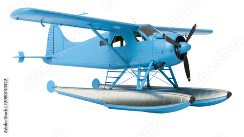 Konstfotografi Blue seaplane with silver pontoons, isolated on transparent background