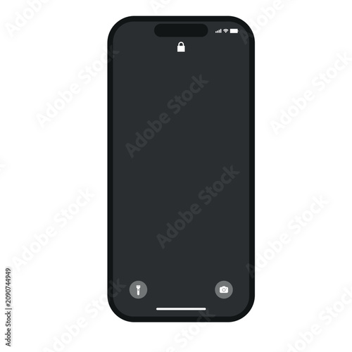 Black smartphone lock screen mockup with interface icons isolated on white background; mobile phone display with padlock, camera, flashlight template flat vector element