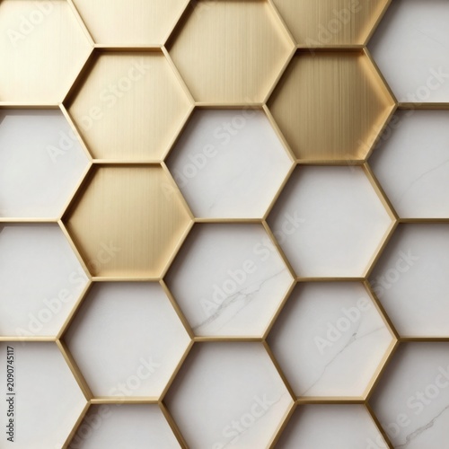Luxury 3D Hexagonal Lattice Background with Brushed Gold and White Marble Texture for Elegant Design