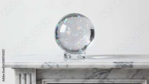 Iridescent Crystal Ball on White Marble Mantle with Copy Space for Modern Pastel Halloween Background