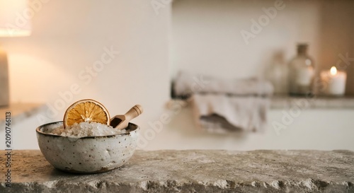 Ceramic Bowl with Bath Salts and Dried Orange for Home Spa, Cozy Winter Wellness Concept
