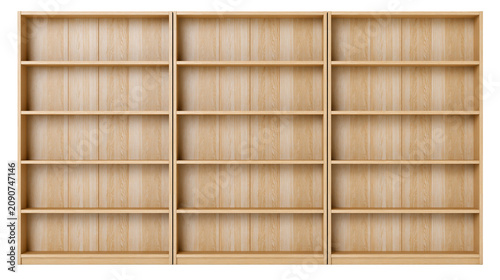 Three tall empty light wood bookshelves with multiple shelves, isolated on transparent background