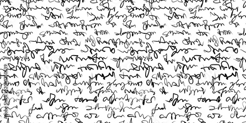 Abstract asemic handwriting seamless pattern in black and white, modern scribble ink writing script vector background. Text impression for fabric, wallpaper, stationery, gift wrap, packaging, textiles