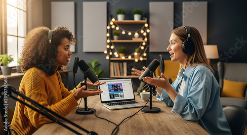 Diverse female hosts recording audio podcast episode in cozy studio
