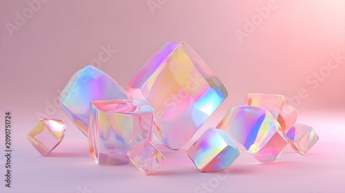 A collection of iridescent geometric crystals with holographic reflections on a soft pink background, creating a dreamy aesthetic.