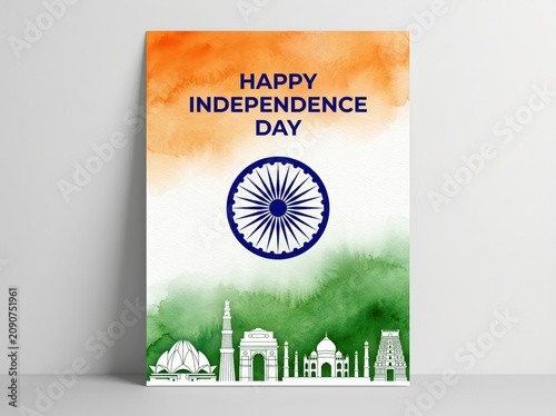 Indian Independence Day Poster Watercolor Illustration.