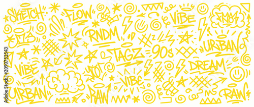 Urban graffiti doodle collection with yellow street art tags