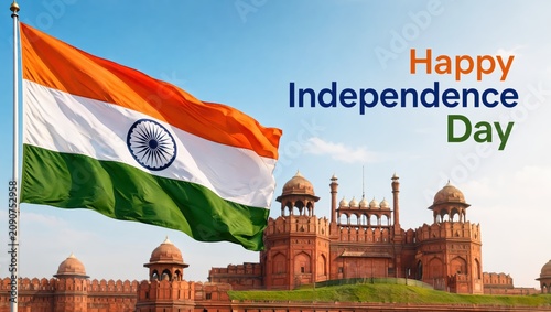 Happy Indian Independence Day celebration background with red fort and waving flag.