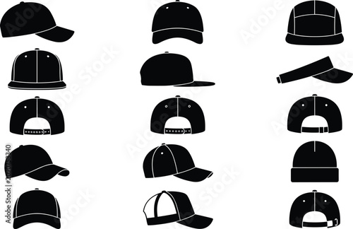 Картината върху платно Baseball cap mega mockup vector icon bundle black silhouette headwear template f
