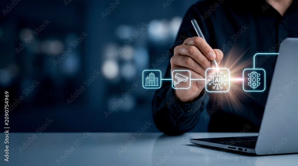 Obraz premium Person using stylus to interface with floating icons of enterprise software AI for smart city infrastructure above laptop keyboard in modern office work space