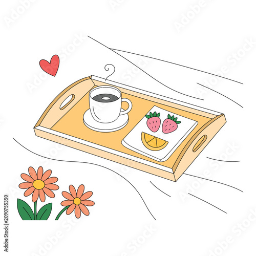 Hand drawn illustration of a breakfast tray with coffee and fruit in a cozy morning setting