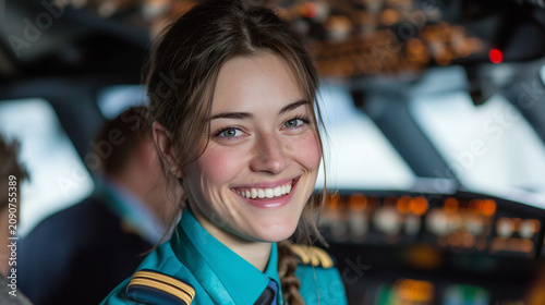 Civil Aviation Flight Attendant Day celebration in cockpit with smiling flight attendant and crew members at work