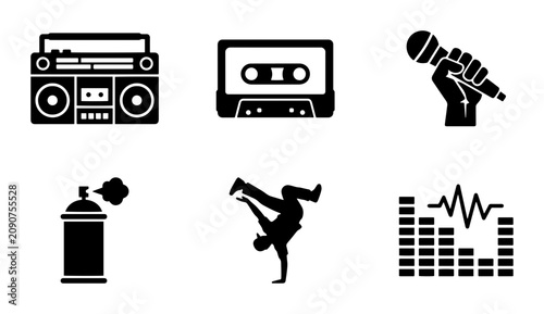 Foto Retro Boombox, Cassette Tape, Microphone, Graffiti Spray Can, Breakdancer, Equalizer Icons