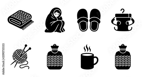 Canvastavla Cozy Comfort Icons: Warm Blanket, Person Wrapped, Slippers, Hot Water Bottle, Yarn, Mug, Laundry
