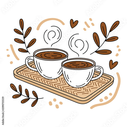 Hand drawn illustration of two steaming coffee cups on a wooden tray with leaves and hearts in a cozy artistic style