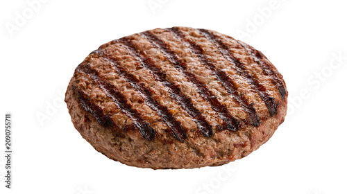 Tableau sur toile Juicy grilled beef burger patty with dark grill marks, isolated on transparent b
