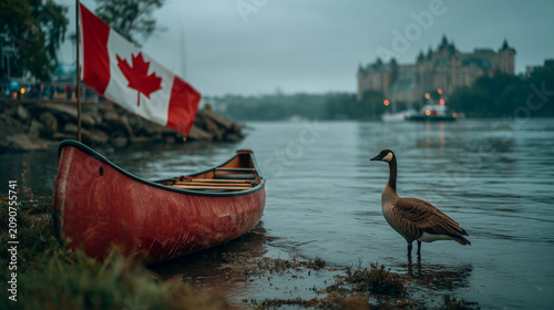 Canoe on the shore with Canadian flag and goose near a city skyline on a cloudy day