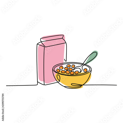 Minimalist Line Art Illustration of a Cereal Bowl and Box for Breakfast