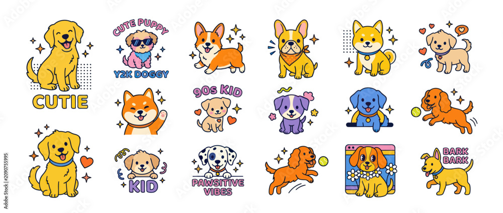 Fototapeta premium Collection of cute cartoon dog stickers in vibrant retro style