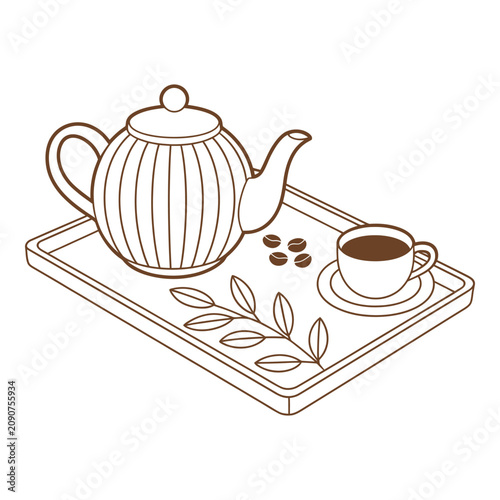 Minimalist Line Art Illustration of a Teapot and Coffee Cup on a Serving Tray
