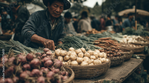 Market day with people buying fresh vegetables and fruits at a local market in a rural area