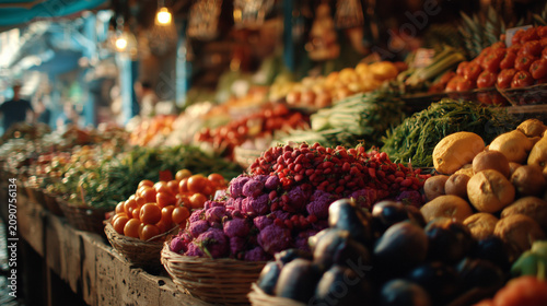 Market scene filled with fresh fruits and vegetables in a bustling environment during the day