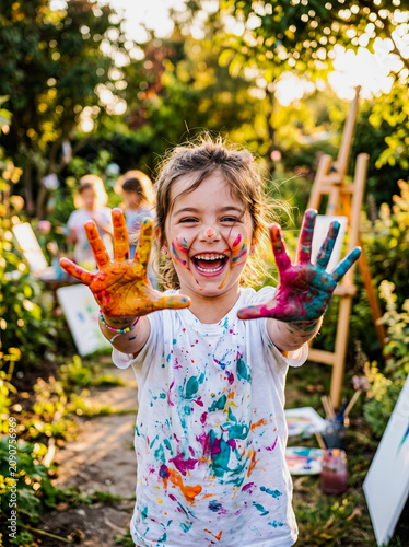 Cheerful little girl laughing and showing her colorful paint-covered hands to the camera during an outdoor finger painting class in a sunny garden.