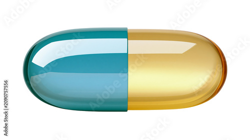Two-toned gelatin capsule with blue and yellow halves, isolated on transparent background