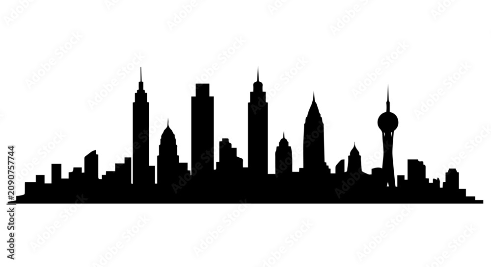 Fototapeta premium Silhouette skyline of a modern city featuring varied high rise buildings and towers along a clear horizon.