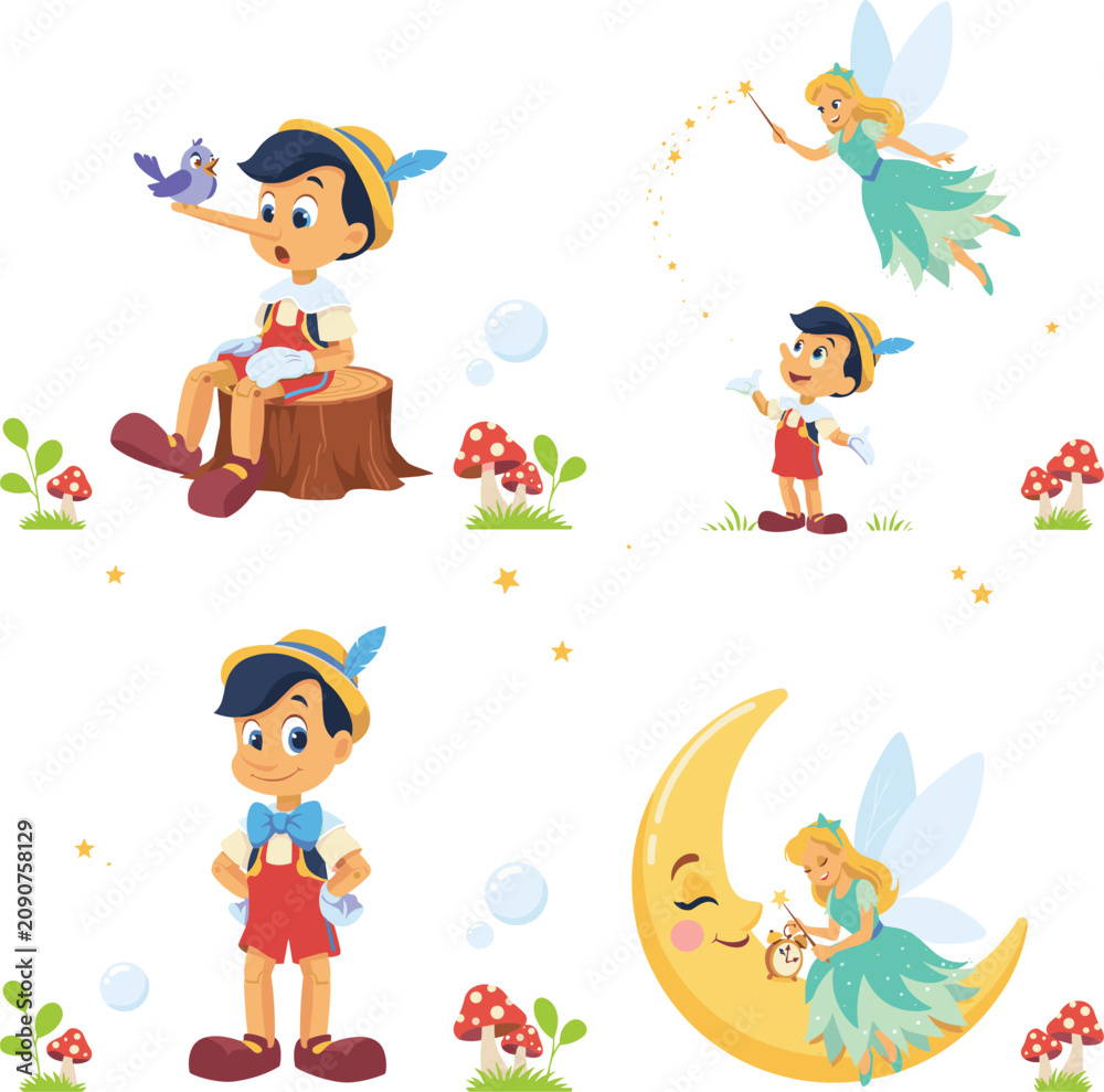 Naklejka premium Whimsical Pinocchio Fairytale Vector Character Set Featuring Wooden Puppet Blue Fairy Magic Wand Long Nose Mushroom and Crescent Moon Elements