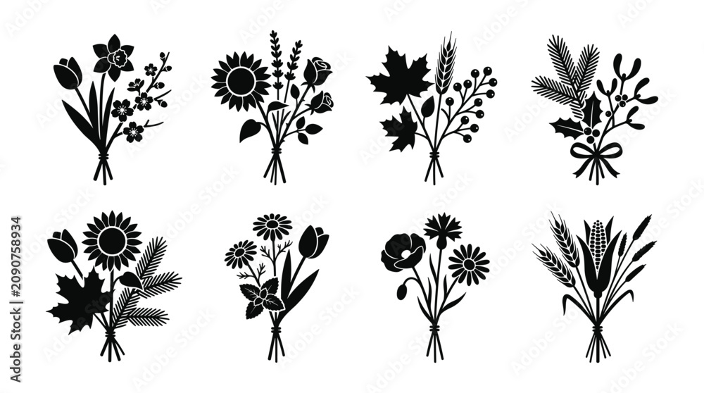 Fototapeta premium Seasonal Bouquets Silhouette Icon Set with Wildflowers Sunflowers Wheat Ears and Winter Holly Floral Arrangements Isolated on White Background