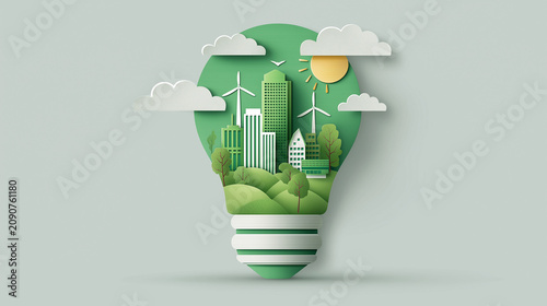 Green City with Light Bulb in Flat Design on White Background, Eco City, Save Energy and Sustainable Environment Concept, Vector Illustration