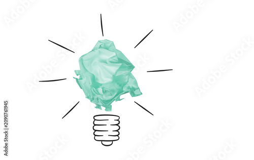 Conceptual lightbulb made of Green crumpled paper ball with hand drawn elements. Symbol of creative business idea, insight, innovation and brainstorming process, isolated on white