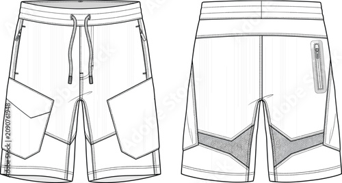 Quadro su tela MobileMen cargo shorts fashion flat sketch template showing front and back view
