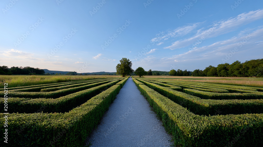 Naklejka premium Symmetrical garden hedge maze with gravel pathway leading to distant trees under a blue sky with scattered clouds