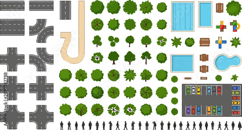 Top down city map construction kit with roads trees swimming pools parking lot and walking people