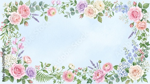 Flowers and green leaves border