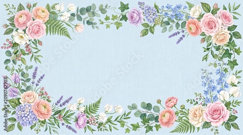 Flowers and green leaves border