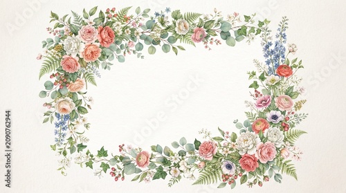 Flowers and green leaves border