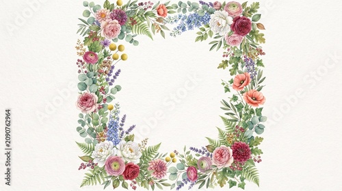 Flowers and green leaves border