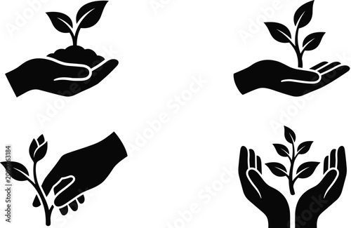 Fotografía Human hands holding growing plant sprout icons set for environmental protection