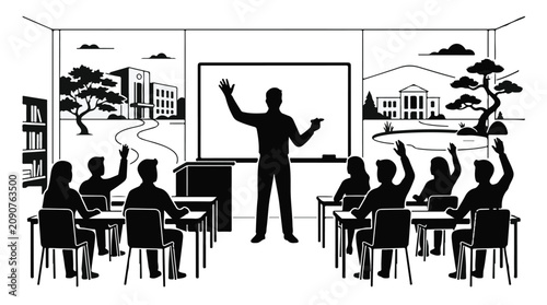 Teacher standing in front of classroom with students raising hands in educational setting with blackboard and desks in a modern school
